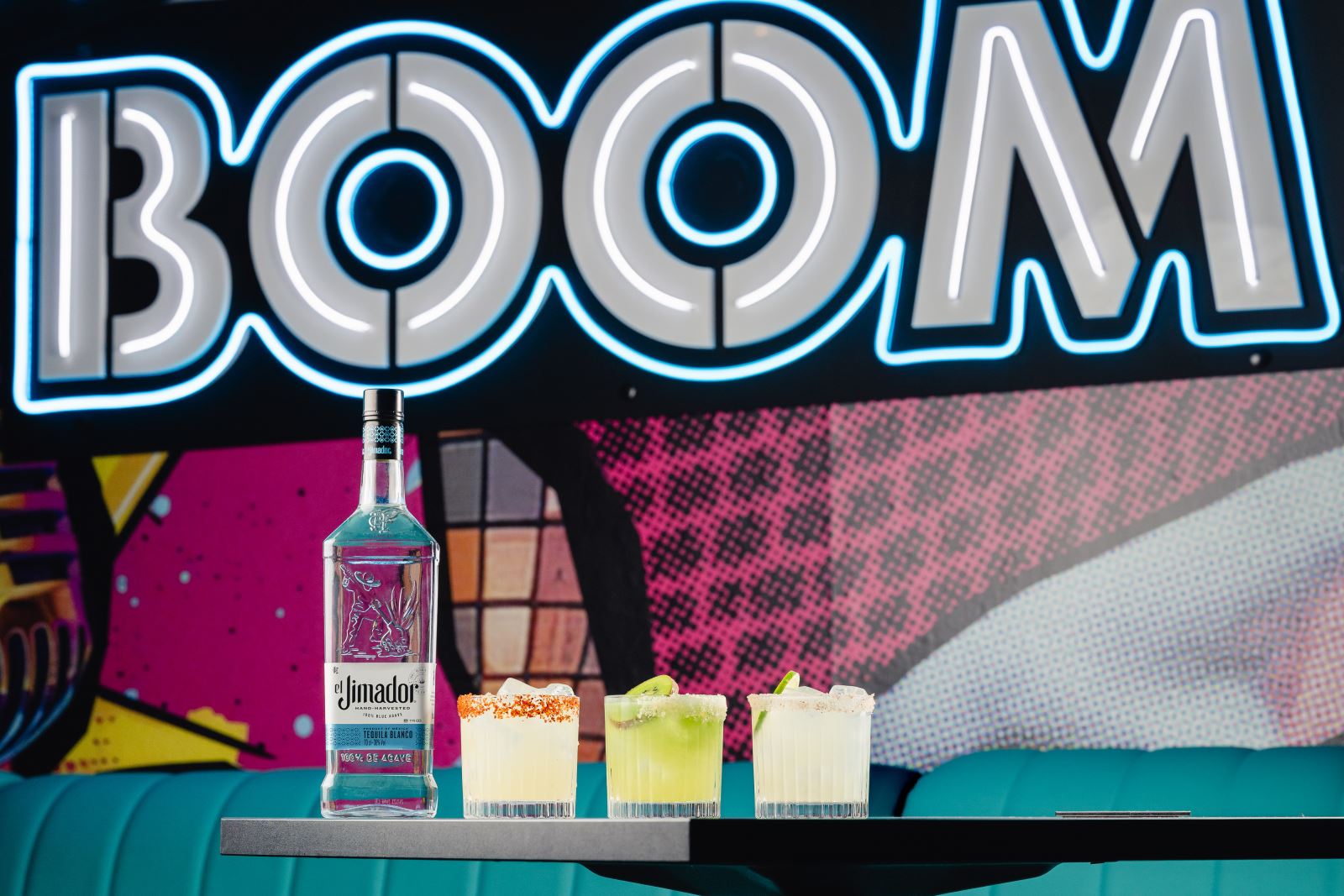 BOOM sign with cocktails